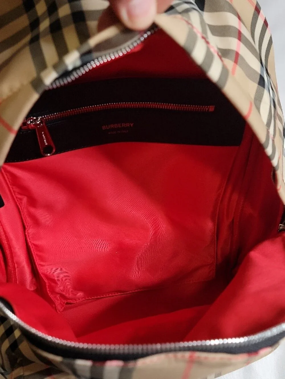 Burberry Beige Plaid Backpack with Black & Red Accents